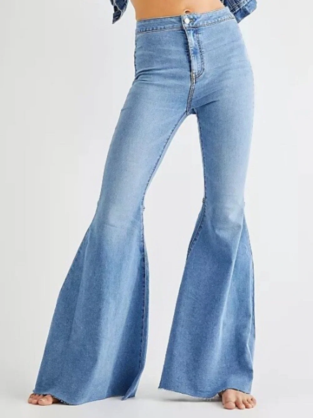 Free People Just Float on Flare Light Blue High-Waist Flared Bell Jeans - Picture 1 of 9